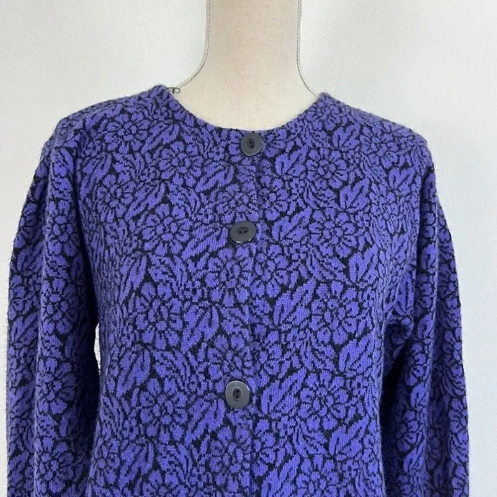 Vintage Womens Purple & Black Floral Mohair Button Front Cardigan Sweater Medium